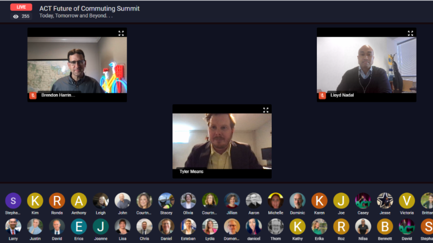 ACTNational's tweet image. Brendon Harrington, Lloyd Nadal, and Tyler Means look ahead to the near and far #FutureofCommuting in our first panel of the day, sponsored by @TransLoc.