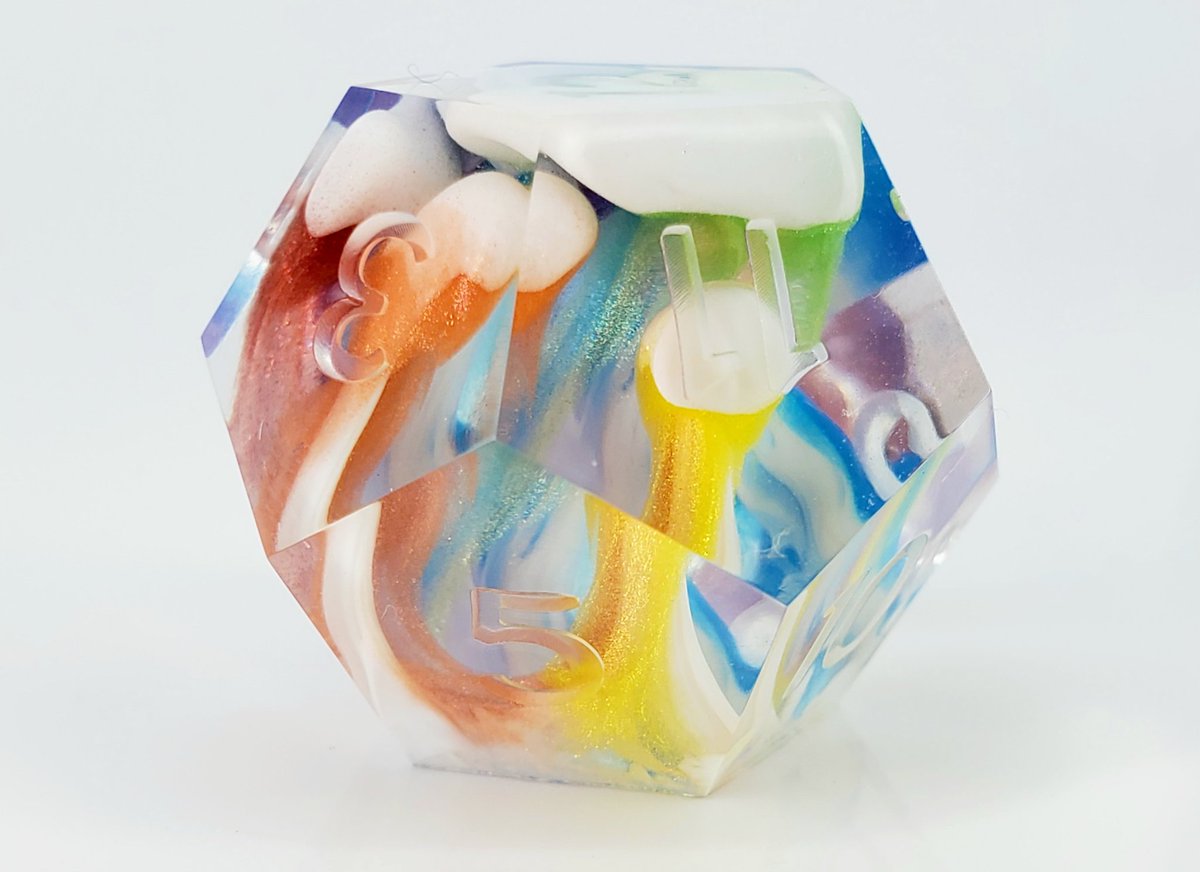 ☁️🌈 Chromatic Taffy 🌈☁️

A spectrum of vibrant colors carried by white into a crystal clear base.

WIP, Unsanded and uninked.

#dice #ttrpg #criticalrole #dnd #resinart #handmadedice