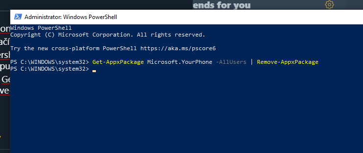 Medvjed's tweet photo. Otravný "my phone companion" ve W10 zrušíte snadno:
1) zmáčkněte tlačítko Win
2) napište powersh (vyhledejte aplikaci PowerShell) (pravé kliknutí myší - spustit jako správce)
3) Vložte příkaz Get-AppxPackage Microsoft.YourPhone -AllUsers | Remove-AppxPackage
Hotovo.
#WinTip https://t.co/wBSADivmK0