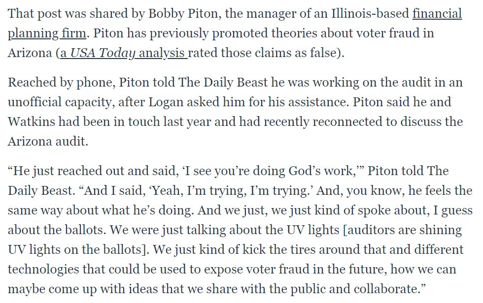 Bobby Piton, who is working on the audit despite having previously spread false fraud claims about the election in Arizona, said he and Watkins have spoken recently to discuss the audit