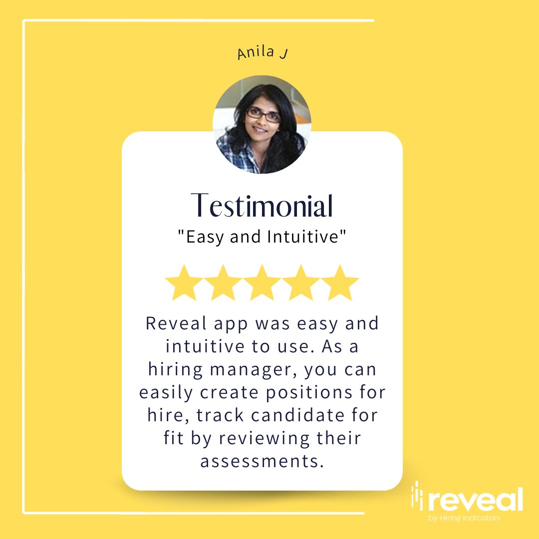 Today's #testimonialtuesday comes from a Chief Technology Officer. Thank you Anila for your kind words, we are so thrilled you are happy with Reveal! 

#Reveal #HiringIndicators #hiring #hr #testimonial #reviews #easy #intuitive #5stars #assessments #happyclient #tracking