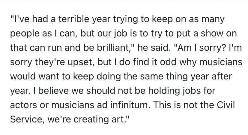 1. This is  #CameronMackintosh defending cutting the  #PhantomLondon orchestra from 27 down to 14. I have many things about to say, but I will focus on these two sentences: he finds it odd that “musicians want to keep doing the same thing year after year”.