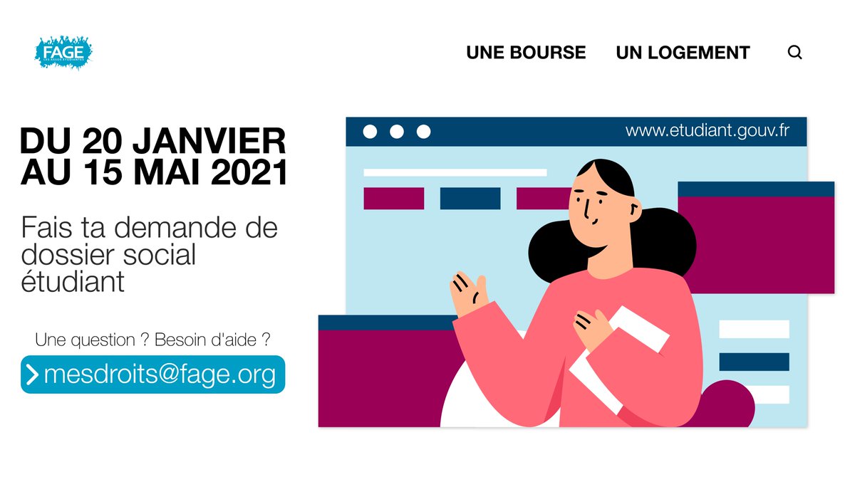 #DossierSocialEtudiant | Tu as jusqu'au 15 mai pour faire ta demande de #bourse et/ou de #logement sur etudiant.gouv.fr 💻

⚠️ Il est IMPORTANT de la faire le plus tôt possible, avant la date limite ⚠️

Besoin d'aide ❓ La #FAGE t'accompagne !
➡️ mesdroits@fage.org 📩