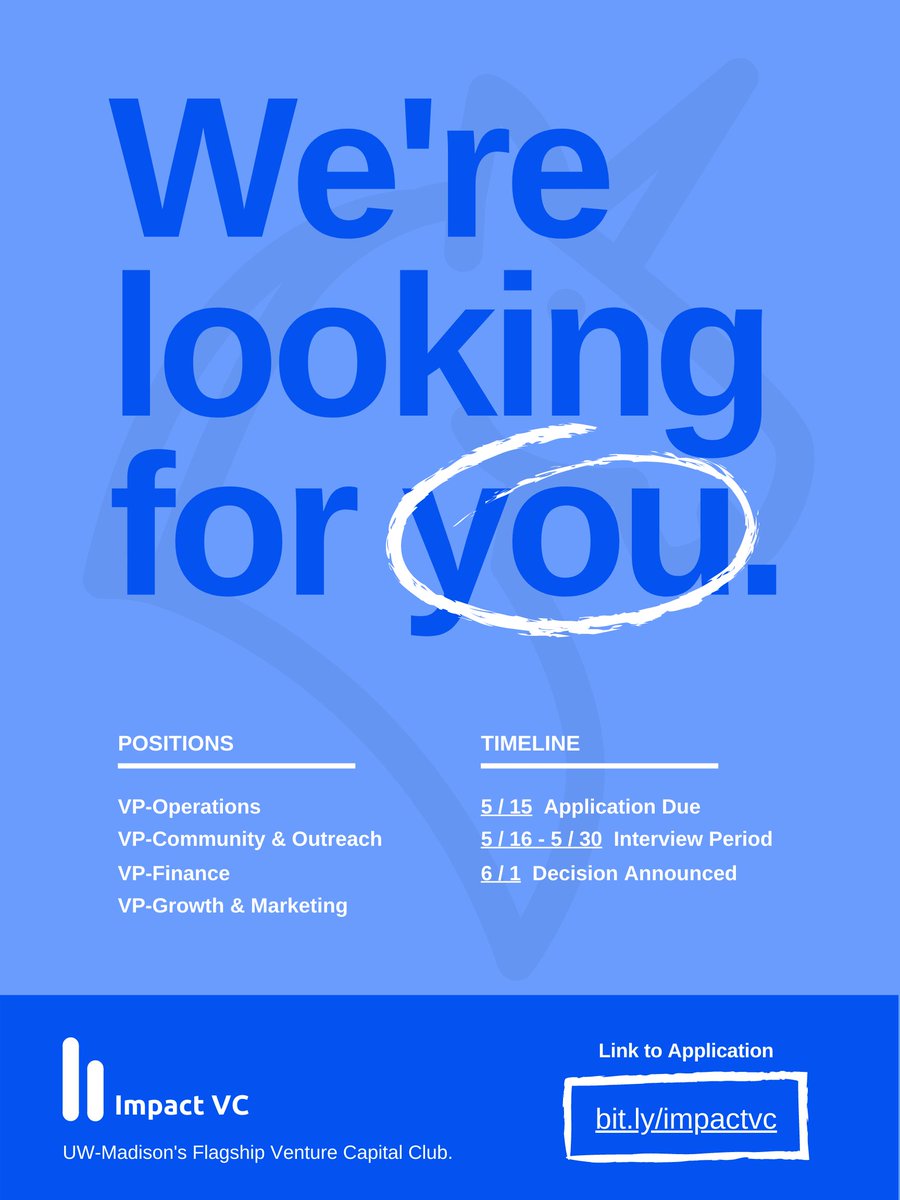 We're excited to share we've opened our Executive Team application process so that any interested UW-Madison student can apply, regardless of previous experience! You can find more details about each position and the application (Due 5/15) at bit.ly/impactvc