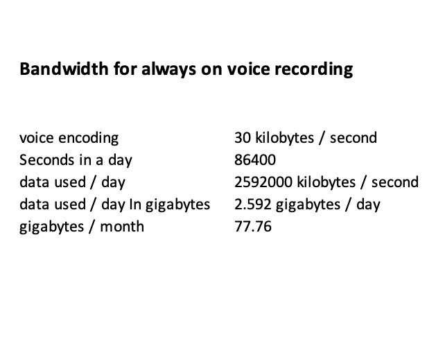 To all those who think your phone is secretly recording you, here's a fun number: it would use apprx 77 Gb / month to send always on voice recording to the cloud. Thats. Not. Happening. Here's the math: