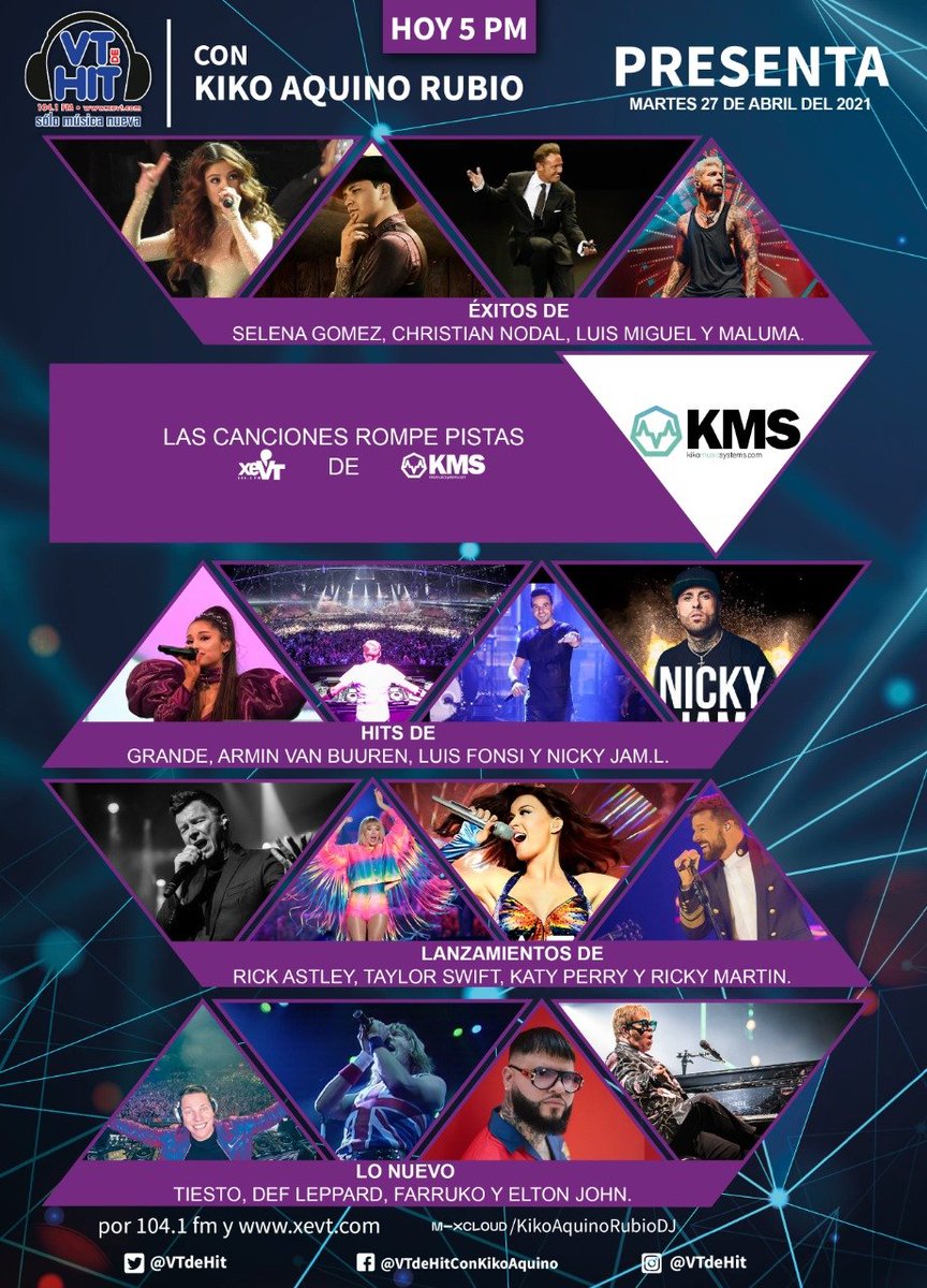 xevtfm's tweet photo. 🎶A las 5 pm no te pierdas @VTdeHit con @kikoaquino con las canciones rompe pistas de #KikoMusicSystems 💿

A través del 104.1 FM 📻💜#SeñalQueUne https://t.co/Hb9H5JGpct