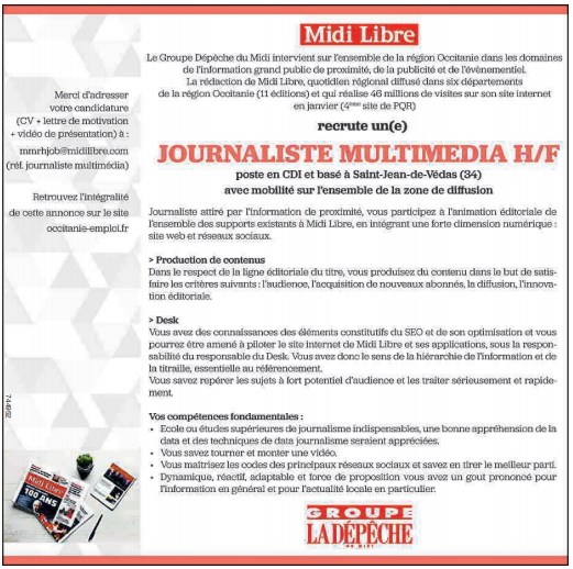 NBadrignans's tweet photo. Midi Libre recrute : journaliste multimédia, poste en CDI basé à Saint-Jean-de-Védas près de Montpellier, avec mobilité sur l'ensemble de la zone de diffusion. Candidatures à envoyer à : mmrhjob@midilibre.com (réf. journaliste multimédia). Plus d'informations ci-dessous https://t.co/hRjseTpRny