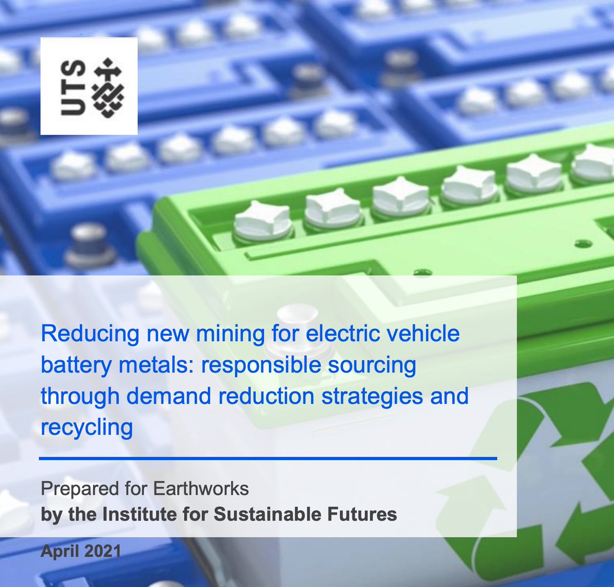 Out today,  @earthworks' latest report examines recycling's potential to offset demand for  #electricvehicle battery metals. This new  @UTSISF research suggests that 25-55% of lithium, copper, cobalt, & nickel demand could be offset:  http://www.earthworks.org/recycle-dont-mine (1/3)