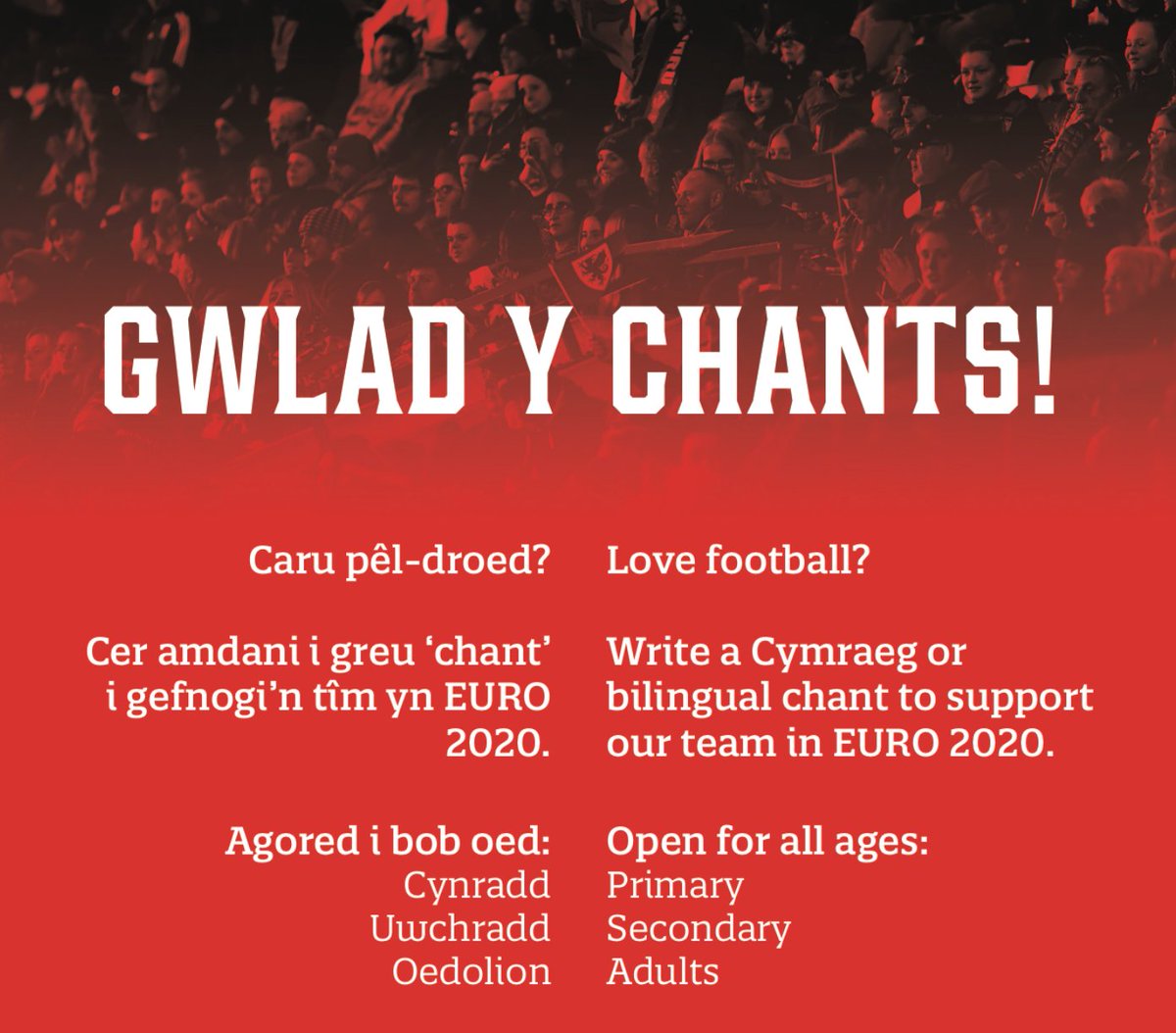 "Bant â ni, here we go, bant â ni!" 🎶
"Let's go! Gawn ni fynd yn wirion?!" 📢

Ry'n ni'n chwilio am 'chant' i gefnogi <a href="/Cymru/">Wales 🏴󠁧󠁢󠁷󠁬󠁳󠁿</a> yn #EURO2020 Cer amdani! Anfona dy 'chant' pêl-droed at dy Fenter Iaith leol heddiw ⚽

mentrauiaith.cymru/gwlad-y-chants/
<a href="/FAWales/">FA WALES</a> <a href="/Cymraeg/">Cymraeg 🏴󠁧󠁢󠁷󠁬󠁳󠁿</a> <a href="/FAWalesfanss/">Wales Football Fans</a> #YWalGoch