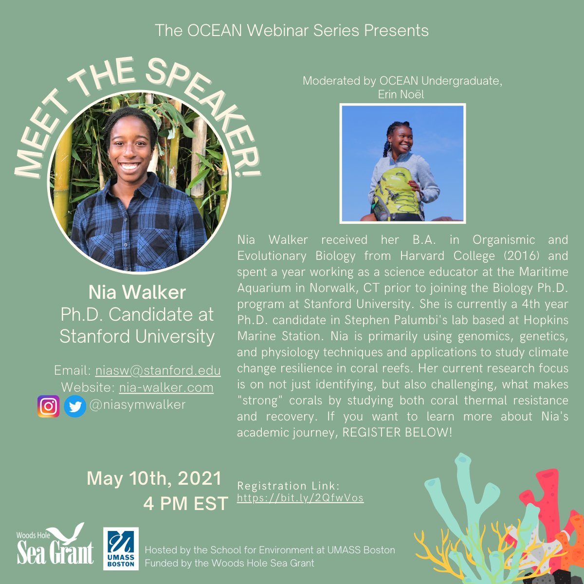 EnvSchool's tweet photo. The OCEAN Webinar Series is excited to welcome our fourth speaker, Nia Walker, to present at our department seminar on Wednesday, May 5th at 4 pm (EST). 
Register for the webinar here: https://t.co/UWYtLlamGE 
For more information, visit SFE's Facebook page! https://t.co/ksfYbxgmMr
