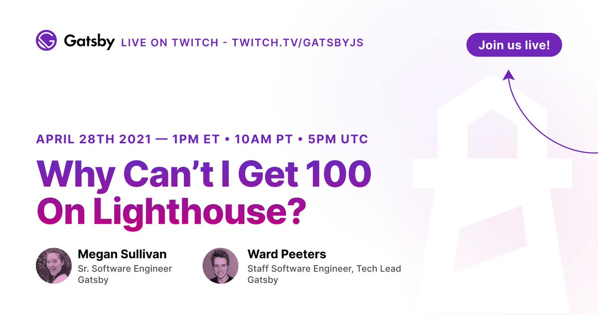 Gatsby (@gatsbyjs) on Twitter photo Are you joining former core maintainer at <a href="/____lighthouse/">Lighthouse</a> <a href="/wardpeet/">Ward Peeters</a> and <a href="/meganesulli/">Megan Sullivan</a> for tomorrow's live-stream?
We can think of 💯 reasons you should.
📅 10am PDT | 1pm EDT | 5pm UTC on April 28th: twitch.tv/gatsbyjs Are you joining former core maintainer at <a href="/____lighthouse/">Lighthouse</a> <a href="/wardpeet/">Ward Peeters</a> and <a href="/meganesulli/">Megan Sullivan</a> for tomorrow's live-stream?
We can think of 💯 reasons you should.
📅 10am PDT | 1pm EDT | 5pm UTC on April 28th: twitch.tv/gatsbyjs