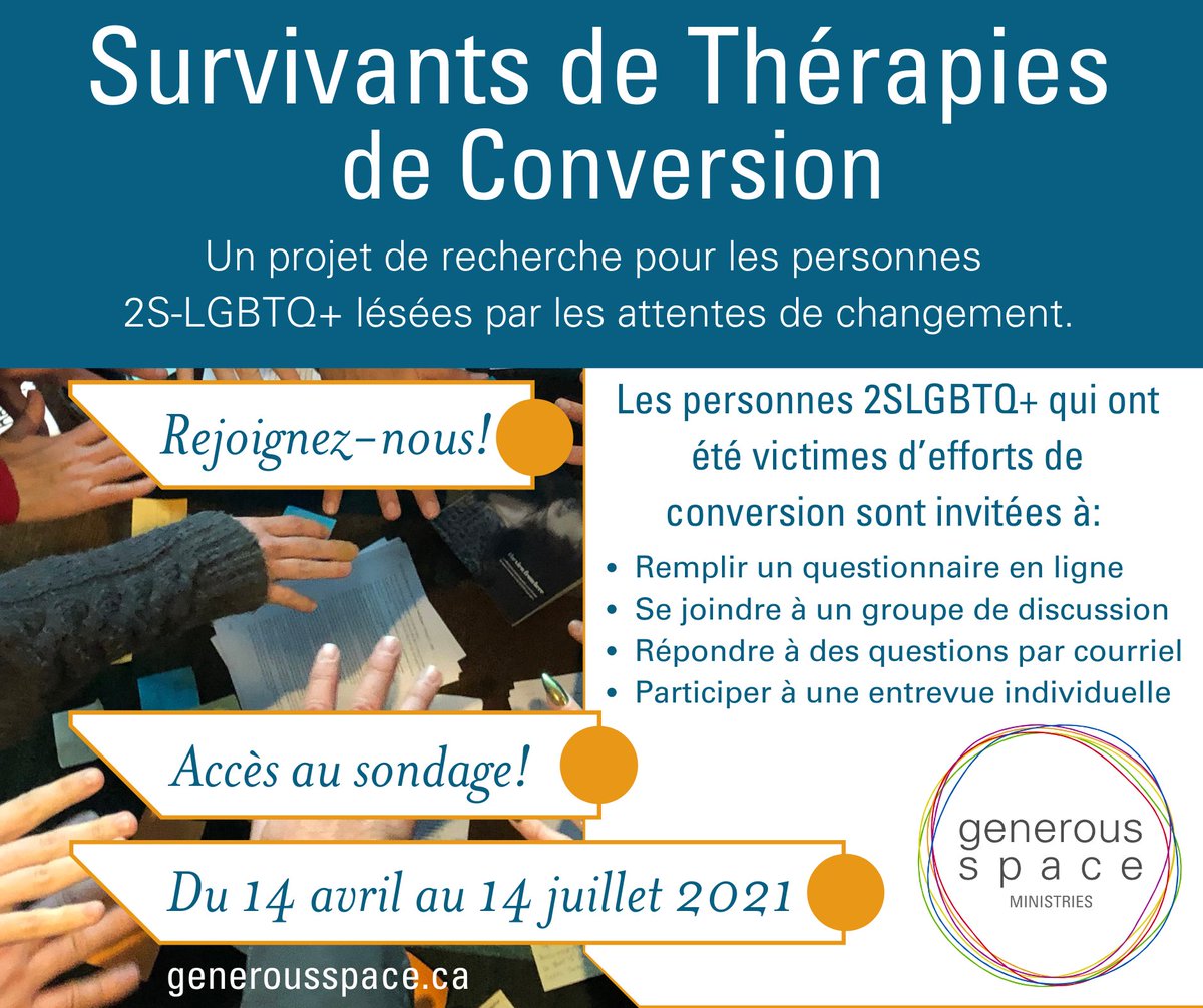 CBRCtweets's tweet photo. Êtes-vous une personne 2SLGBTQ+ qui a été lésée par des pressions pour changer votre orientation sexuelle ou votre expression d'identité de genre? Si oui, veuillez répondre à l'enquête de @generousspace ici: https://t.co/fqb1MaVpgq. 

Pour en savoir plus: https://t.co/RWHUUl73vr https://t.co/4Q1Hh9cRhh