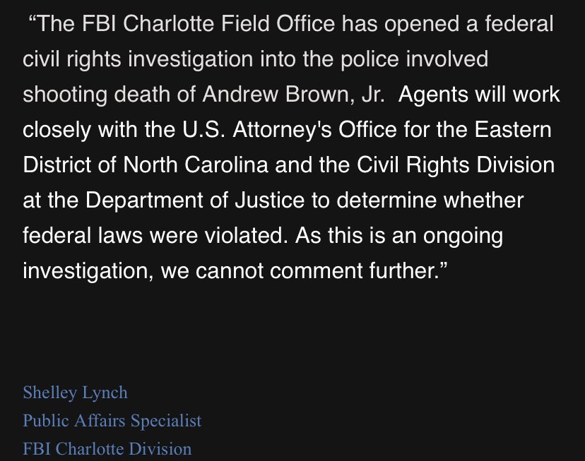 NEW: The #AndrewBrownJr case now being investigated by @FBICharlotte. The division has opened a federal civil rights investigation into his death. #13NewsNow