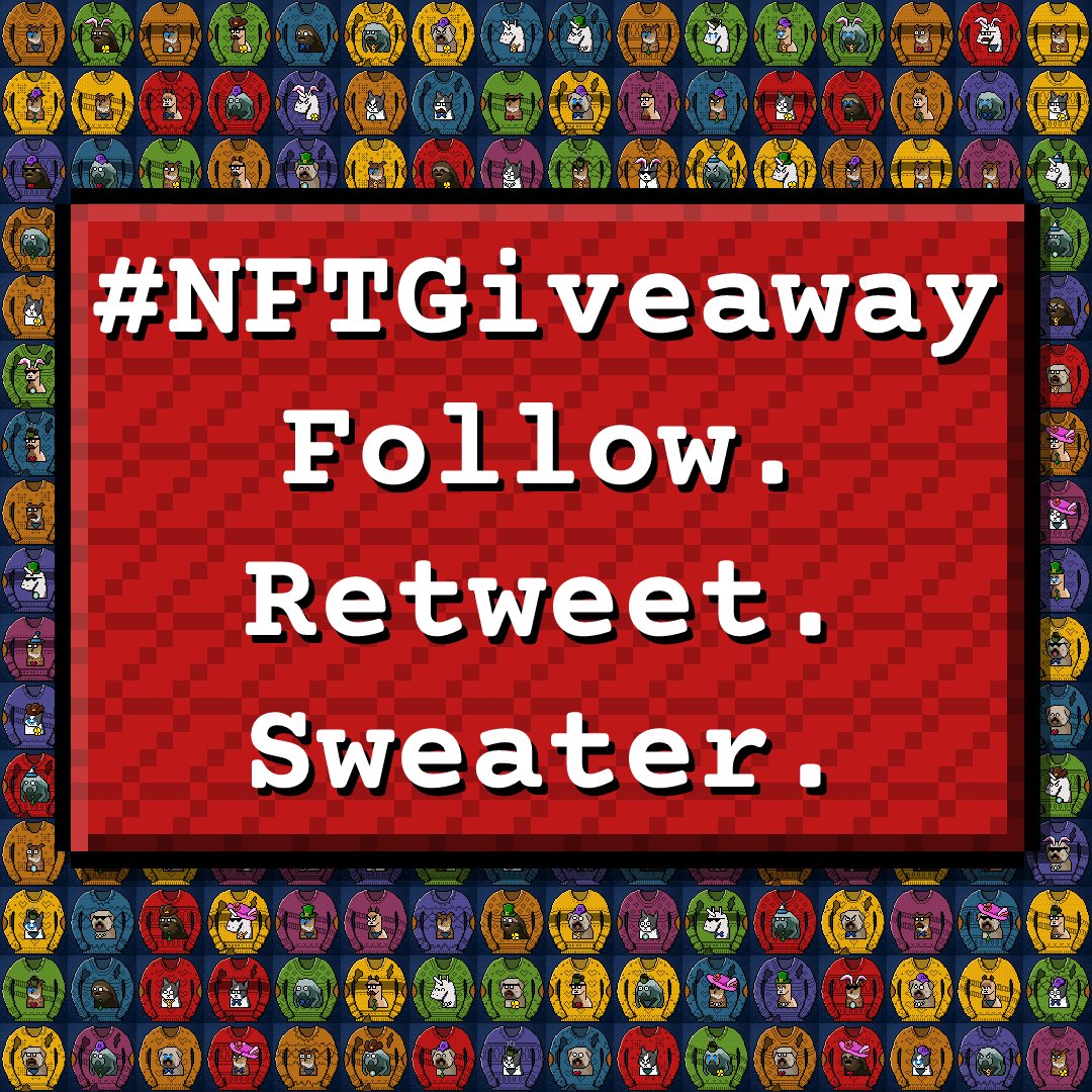 🧶 #NFTGiveaway! 🧶

We're giving away 8️⃣ #BitKnitSweaters @ 6PM PDT 4/30!

To enter:

1️⃣ Follow our Twitter!
2️⃣ Retweet THIS tweet!
3️⃣ Have a cold bod in need of warm sweatering!

If we hit 256 followers, we'll do a 2nd giveaway! 😱

#NFT #NFTs #NFTcollectors #opensea #pixelart