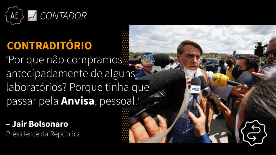 Para se esquivar da responsabilidade sobre os atrasos na vacinação, Bolsonaro disse 11 vezes que não negociou mais vacinas no ano passado porque dependia de aprovação da  @anvisa_oficial, o que é CONTRADITÓRIO.  https://www.aosfatos.org/todas-as-declara%C3%A7%C3%B5es-de-bolsonaro/#/declaracao/it-agoraporque-20210415