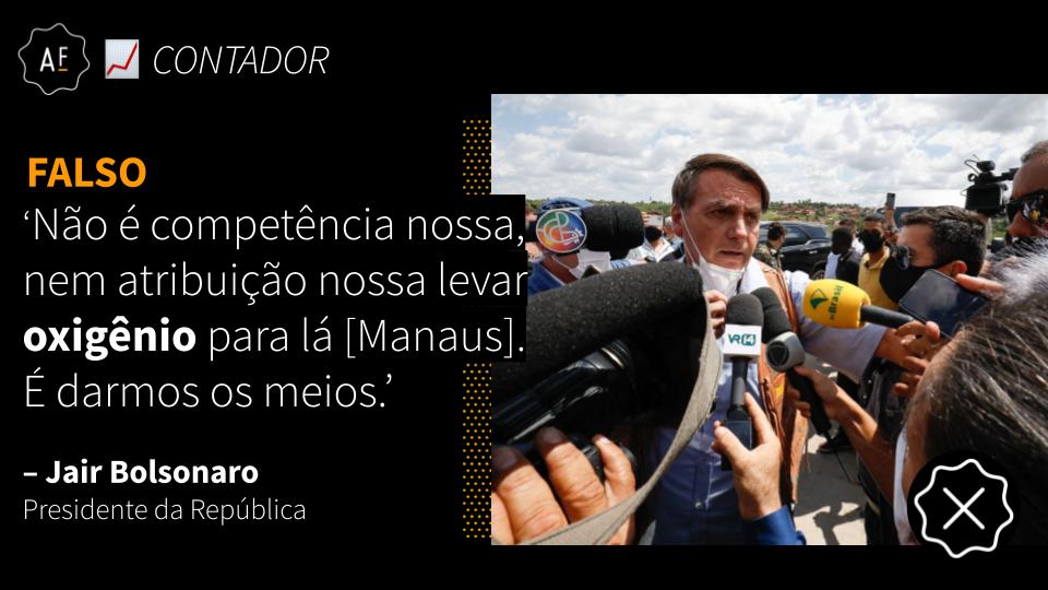  Durante a crise de oxigênio em Manaus, Bolsonaro também tentou isentar o governo de responsabilidade sobre a aquisição ou o transporte do insumo. Essa não seria, de acordo com ele, atribuição do  @minsaude, o que é FALSO.  https://www.aosfatos.org/todas-as-declara%C3%A7%C3%B5es-de-bolsonaro/#/declaracao/it-naoecompetenc-20210130