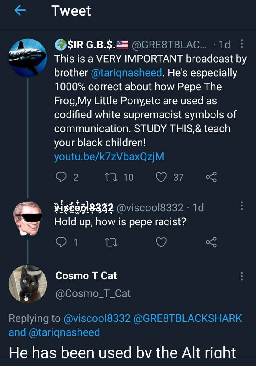 GRE8TBLACKSHARK's tweet image. Whenever you see these mayo trolls trying to gaslight about facts regarding white supremacist codification,this is all you need to do. The goofy Cosmo cat account is also one of them. 1) We do not engage our intellectual inferiors. 2) Our threads are our business. #GetOnCode