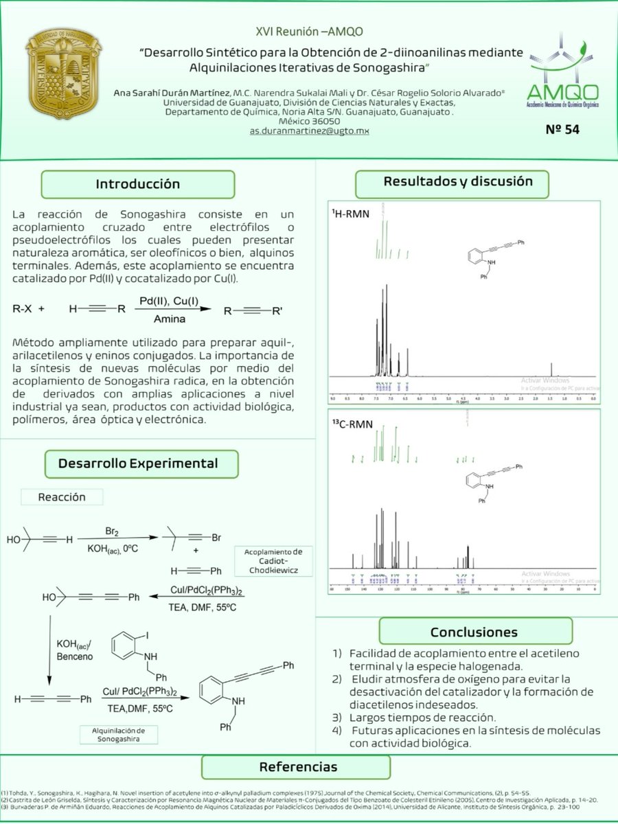 Buen día a todos. 
Les presento mi trabajo titulado:  "Desarrollo Sintético para la Obtención de 2-diinoanilinas Mediante Alquinilaciones Iterativas de Sonogashira " 
<a href="/AMQO_mexico/">Academia Mexicana de Química Orgánica A.C.</a> 
#AMQO54 #9L #QuimicaOrganica #XVI_AMQO