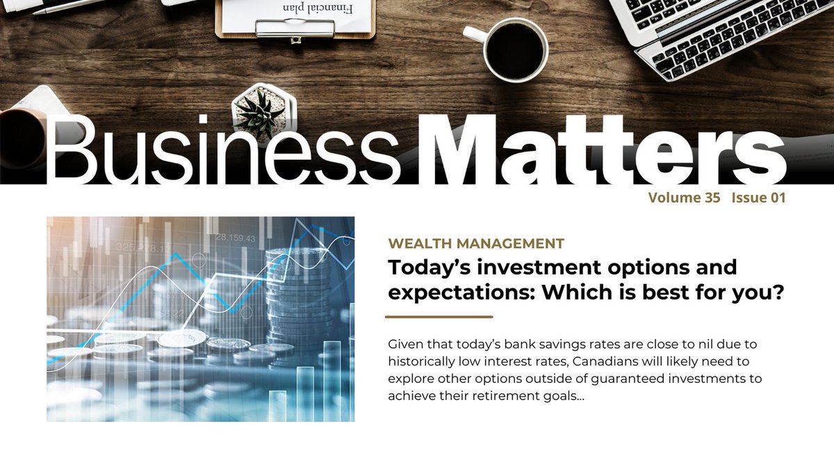 Bank savings rates are close to nil, pushing Canadians to explore higher-risk saving options. This edition of #BusinessMatters discusses various types of #investments, different risk levels, and which options are best for you. Read more here: bit.ly/BM_35_1_3u
#savings