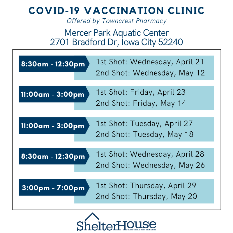 ShelterHouseIC's tweet photo. Towncrest Pharmacy is offering several COVID-19 vaccinations clinics at the Mercer park gym over the coming weeks. Vaccinations can be given to those 16 years and older. 

Visit https://t.co/abm94W0eaf or call 319-887-6121 to schedule an appointment and learn more information. https://t.co/pafpSaq9af