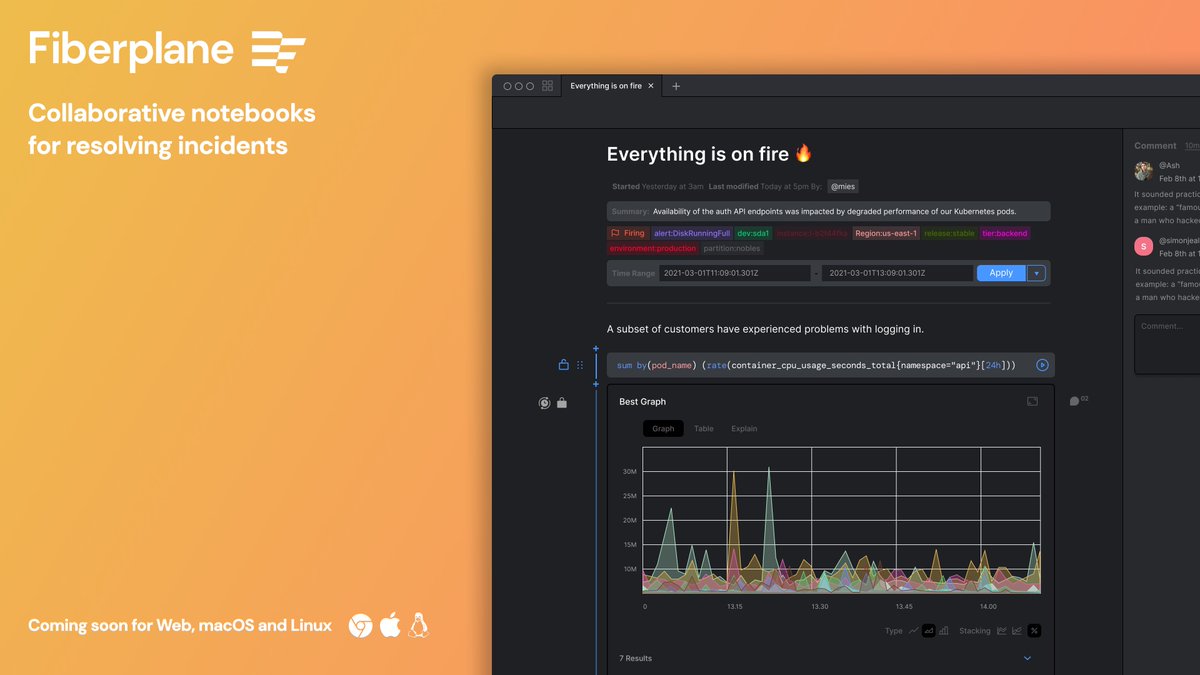 mies's tweet photo. Hello World. I'm excited to share what I've been working on. Meet @fiberplane, collaborative notebooks for resolving incidents, purpose-built for teams. https://t.co/NUs3hPmNvA