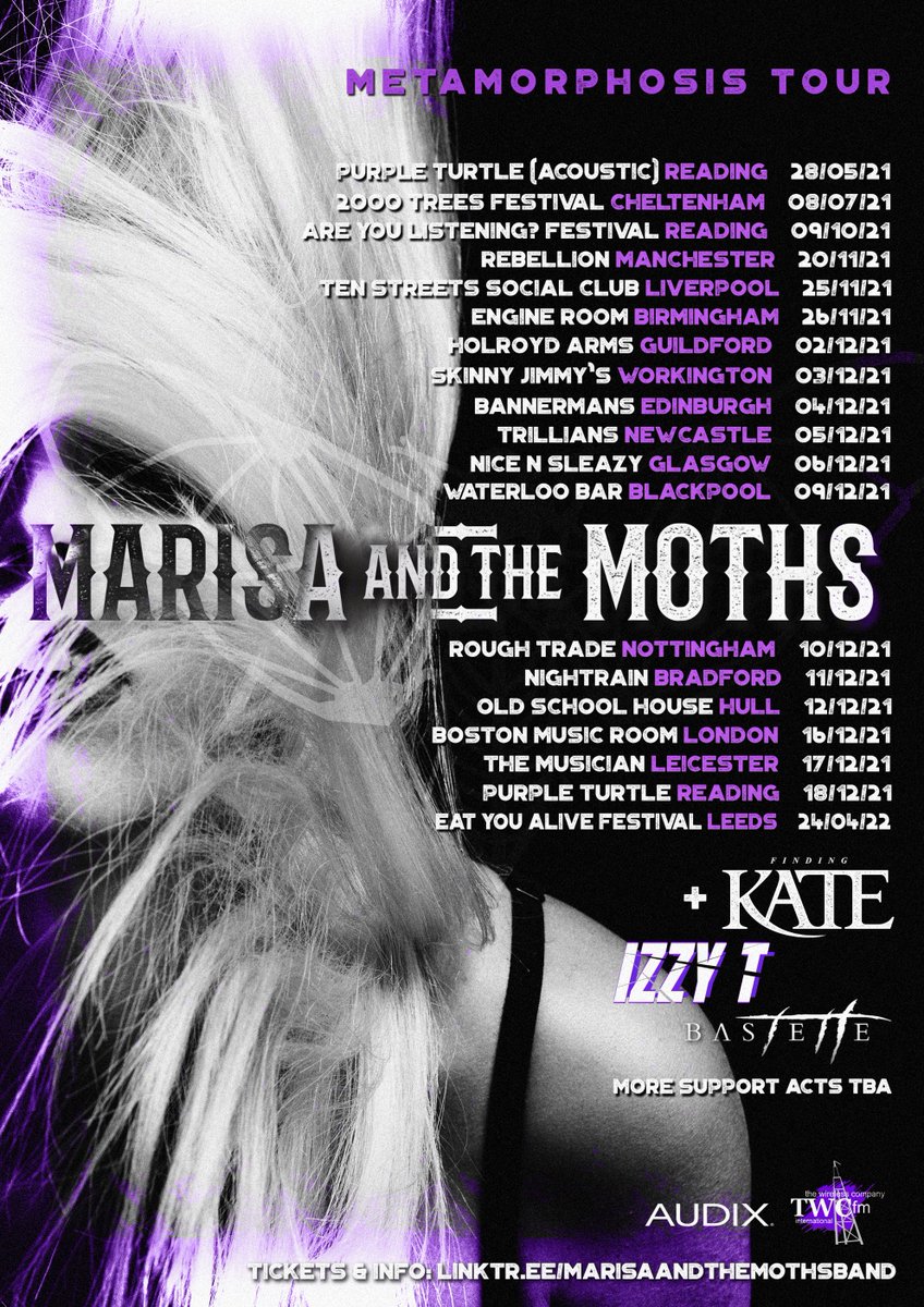FindingKate's tweet image. 🖤 TOUR ANNOUNCEMENT 🖤
@Marisa_Moths have rescheduled their tour and I'm so excited to be a part of it.
I'll be joining them on their November/December leg of the tour at 12 shows! 🙂 *Please note - I will not be playing Birmingham, Nottingham or Hull*