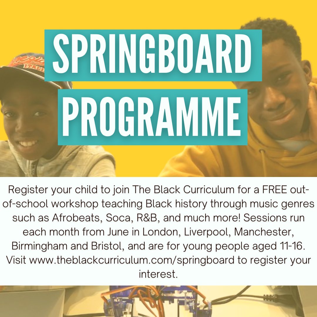 CurriculumBlack's tweet image. Our Springboard Programme provides FREE sessions for young people aged 11-16 to learn about #BlackHistory through music!

Join by registering at: theblackcurriculum.com/springboard

RT to share the opportunity!  #TBH365