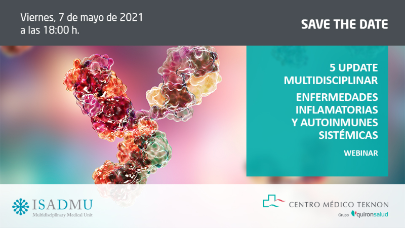 quironsalud's tweet photo. #Agenda 🗓 El próximo 7 de mayo a las 18h tendrá lugar el 5º UPDATE Multidisciplinar organizado por la @Clinica_Teknon e #ISADMU dirigido a profesionales sanitarios interesados en las enfermedades inflamatorias y autoinmunes sistémicas #STOPinflammation https://t.co/F3xiqEu9EA https://t.co/vvgUGBYUZk