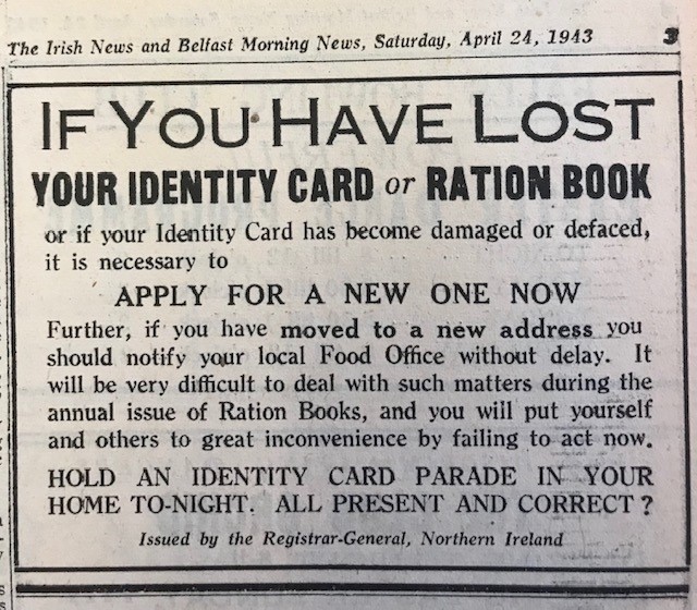 BelfastCentLib's tweet photo. #OnThisDay in 1943 a reminder in the Irish News of the need for ID cards, will they be necessary again? From @LibrariesNI newspaper collections #BelfastCentLib #connectwithheritage https://t.co/FFOXdWcdGo