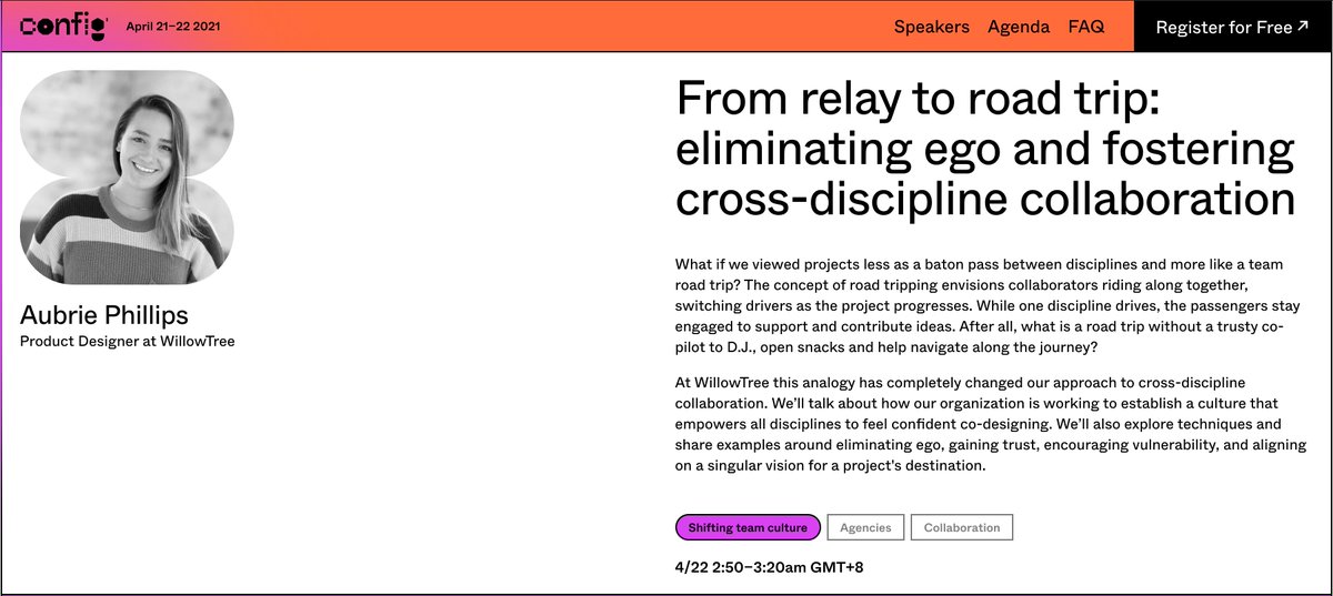 “From relay to road trip: eliminating ego and fostering cross-discipline collaboration” by  @audphilli  https://config.figma.com/talks/from-relay-to-road-trip-eliminating-ego-and-fostering-cross-discipline-collaboration/