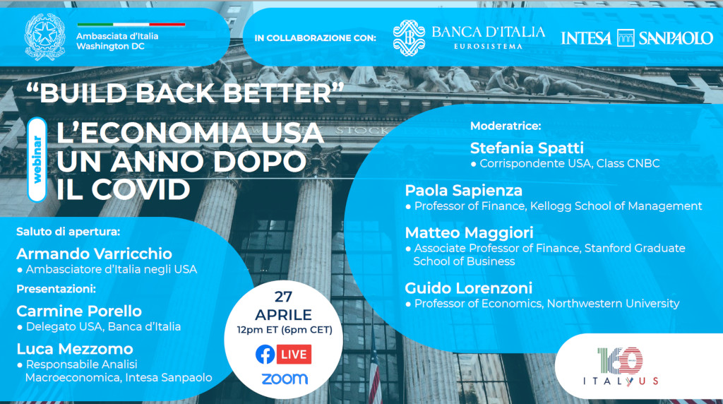 Italy in US (@italyinus) on Twitter photo Collegatevi il prossimo 27 aprile alle 12.00 ET (18.00 CET) al nostro webinar "Build Back Better - L’economia USA un anno dopo il Covid" in collaborazione con <a href="/bancaditalia/">Banca d'Italia</a> e <a href="/intesasanpaolo/">Intesa Sanpaolo</a>, moderato da <a href="/sspatti/">Stefania Spatti</a> <a href="/classcnbc/">Class CNBC</a>.
👉 zoom.us/webinar/regist… Collegatevi il prossimo 27 aprile alle 12.00 ET (18.00 CET) al nostro webinar "Build Back Better - L’economia USA un anno dopo il Covid" in collaborazione con <a href="/bancaditalia/">Banca d'Italia</a> e <a href="/intesasanpaolo/">Intesa Sanpaolo</a>, moderato da <a href="/sspatti/">Stefania Spatti</a> <a href="/classcnbc/">Class CNBC</a>.
👉 zoom.us/webinar/regist…