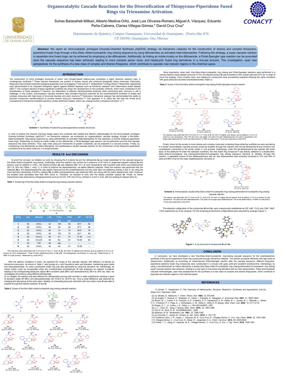suhasmitkari's tweet photo. This is my work "Organocatalytic Cascade Reactions for the Diversification of Thiopyrano-Piperidone Fused Rings via Trienamine Activation."@AMQO_mexico # AMQO48 # 9D #QuimicaOrganica #XVI_AMQO https://t.co/CFPGmF8jy3
