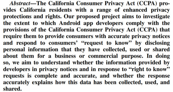 Joe Calandrino (@inplaintext) on Twitter photo "Investigating the Compliance of Android App Developers with the CCPA" (Research Proposal) (<a href="/nsamarin/">Nikita Samarin</a>, Kothari, Siyed, <a href="/primalw/">Primal Wijesekera</a>, <a href="/jfischeresq/">Jordan L Fischer Esq</a>, <a href="/hoofnagle/">Chris Hoofnagle</a>, <a href="/v0max/">Serge Egelman (@v0max.bsky.social)</a> - <a href="/UCBerkeley/">UC Berkeley</a> <a href="/ICSIatBerkeley/">International Computer Science Institute</a>) #ConPro21
ieee-security.org/TC/SPW2021/Con… "Investigating the Compliance of Android App Developers with the CCPA" (Research Proposal) (<a href="/nsamarin/">Nikita Samarin</a>, Kothari, Siyed, <a href="/primalw/">Primal Wijesekera</a>, <a href="/jfischeresq/">Jordan L Fischer Esq</a>, <a href="/hoofnagle/">Chris Hoofnagle</a>, <a href="/v0max/">Serge Egelman (@v0max.bsky.social)</a> - <a href="/UCBerkeley/">UC Berkeley</a> <a href="/ICSIatBerkeley/">International Computer Science Institute</a>) #ConPro21
ieee-security.org/TC/SPW2021/Con…