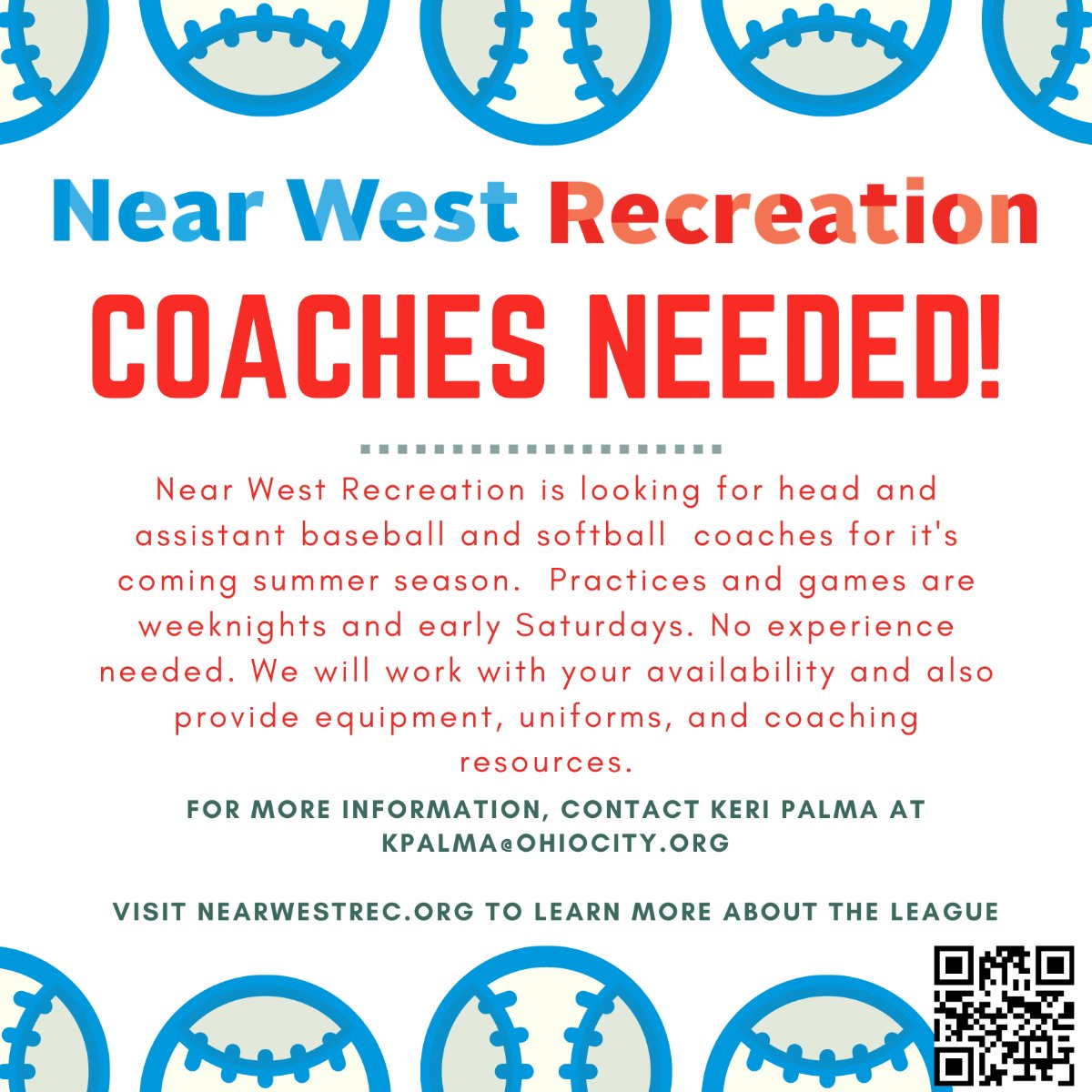 ohiocityinc's tweet photo. Near West Recreation (@NearWestRec) is looking for volunteer coaches for this summer's youth baseball season. For more information, contact Keri Palma (kpalma@ohiocity.org) or visit https://t.co/ZUX2WcSwdF. ⚾️⚾️⚾️ https://t.co/GNm48b0pmm