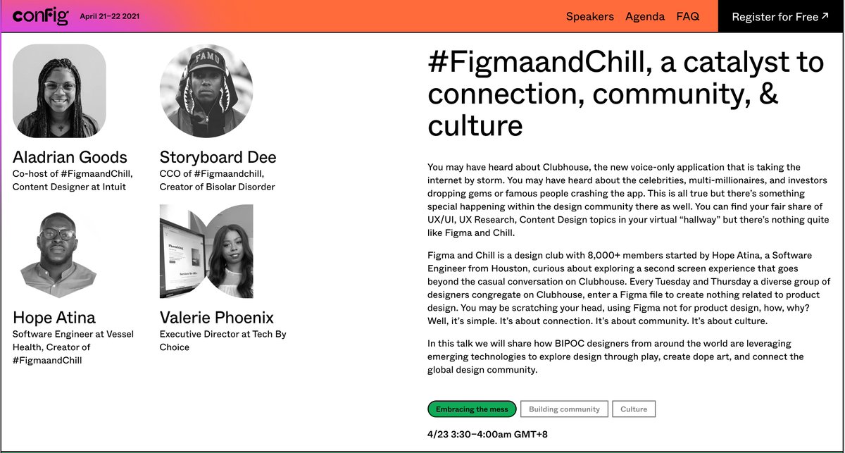 “ #FigmaandChill, a catalyst to connection, community, & culture” by  @Digitalblkhippy  @AladrianNo_L  @emerginghope_ Art Director Dee ( https://artdirectordee.com/ ) https://config.figma.com/talks/figmaandchill-a-catalyst-to-connection-community-and-culture/