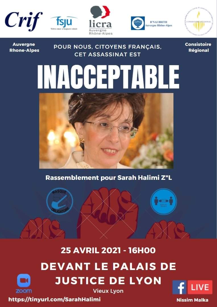 #SaraHalimi : #mobilisons-nous ce dimanche  ➡à 16h devant le Palais de justice #vieuxlyon avec <a href="/AuraCrif/">CRIF Lyon</a> <a href="/_LICRA_/">Licra</a> <a href="/fsju/">FSJU</a> <a href="/ConsistoireFr/">Consistoire Central</a>