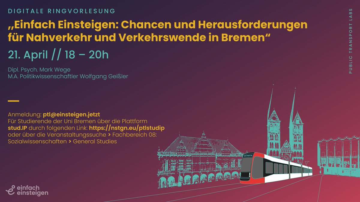 #EinfachEinsteigen: Chancen und Herausforderungen für #Nahverkehr und #Verkehrswende in Bremen

Seit mehr als 3 Jahren engagieren wir uns in Bremen für den Nahverkehr und die Verkehrswende. Zum Beginn unserer Ringvorlesung #PTL möchten wir aus unserer Sicht darstellen... (1)
