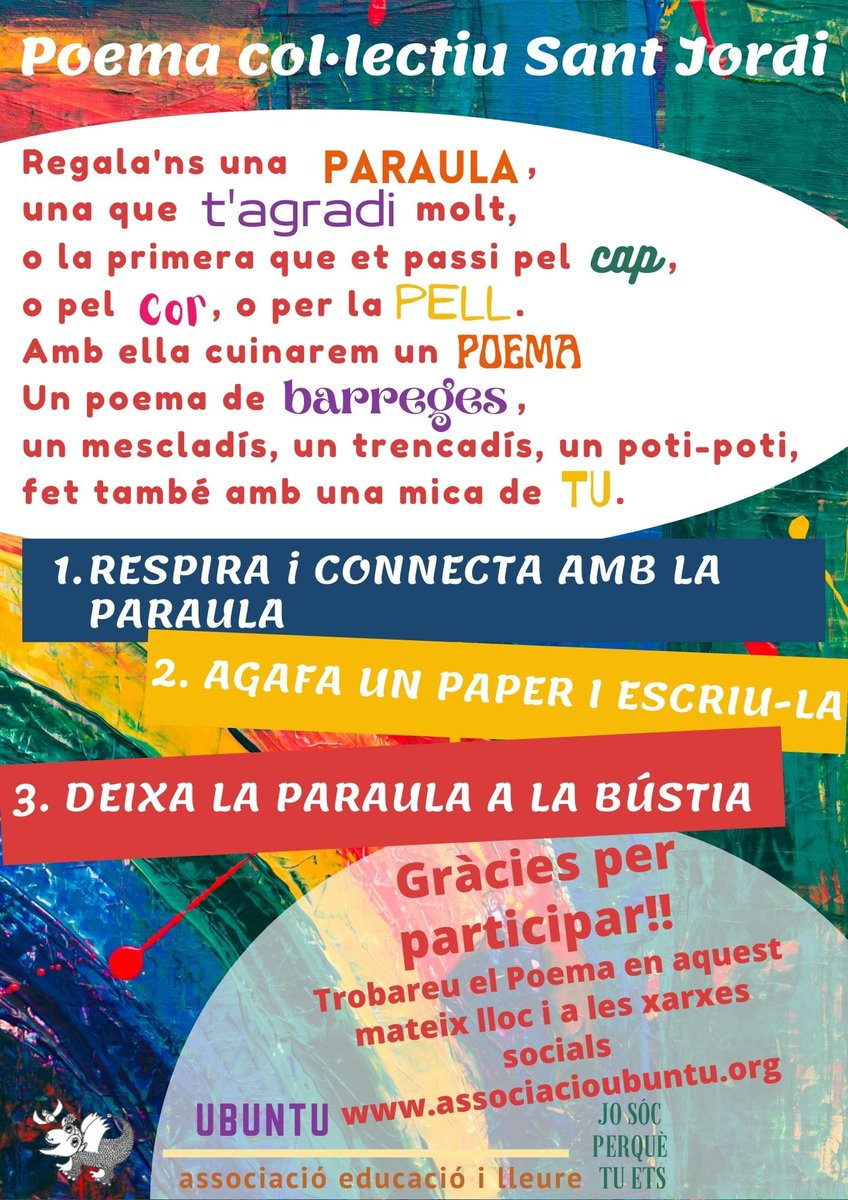 Assoc_Ubuntu's tweet photo. Ens encantaria que participeu al Poema Col.lectiu Ubuntu 2021!
T'animes?Envia'ns la teva, responent al Twitter o a les bústies que trobareu @cruillaalpunt, #EscolaFerreriGuardia, #LocalDeLaUbuntu i altres llocs del barri (CiutatMeridiana)! Abraçada #UbuntusDeCor #UbuntusAlMón💜 https://t.co/fZUhoumrcw