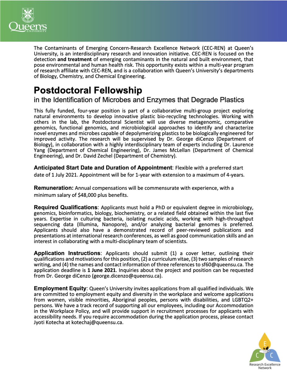 BeatyCentre's tweet photo. 📢 @George_diCenzo is looking for a postdoc and PhD student to join him in @QueensUBio for an exciting project  to identify and characterize microbes and enzymes capable of degrading plastics. Please apply by June 1st. 
For more info: https://t.co/hAdKXySfw7 https://t.co/IhS2AZIpVp