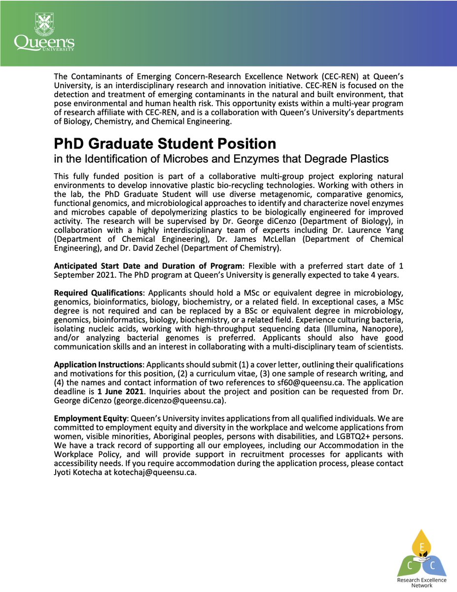 BeatyCentre's tweet photo. 📢 @George_diCenzo is looking for a postdoc and PhD student to join him in @QueensUBio for an exciting project  to identify and characterize microbes and enzymes capable of degrading plastics. Please apply by June 1st. 
For more info: https://t.co/hAdKXySfw7 https://t.co/IhS2AZIpVp