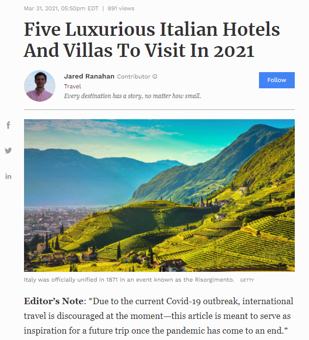 FORBES suggests "five luxurious italian hotels and villas to visit in 2021", for luxury travel: Castello di Reschio, Verdura Rocco Forte, Villa dei Vescovi, San Lorenzo Mountain Lodge, Borgo Egnazia.
bit.ly/3gm40K9
#italy #holiday #luxurytravel