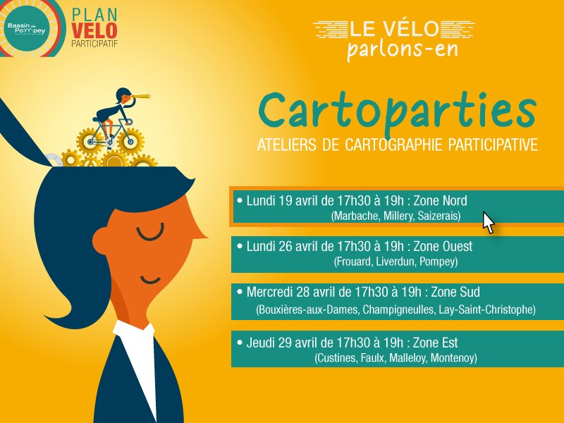 Hier se tenait le 1er atelier de cartographie participative du Plan Vélo @bassinpompey sur le secteur nord (Marbache, Millery et Saizerais). L'occasion d'aborder les freins à l'usage du vélo, permettant de compléter le diagnostic. Les prochaines cartoparties sont à venir :