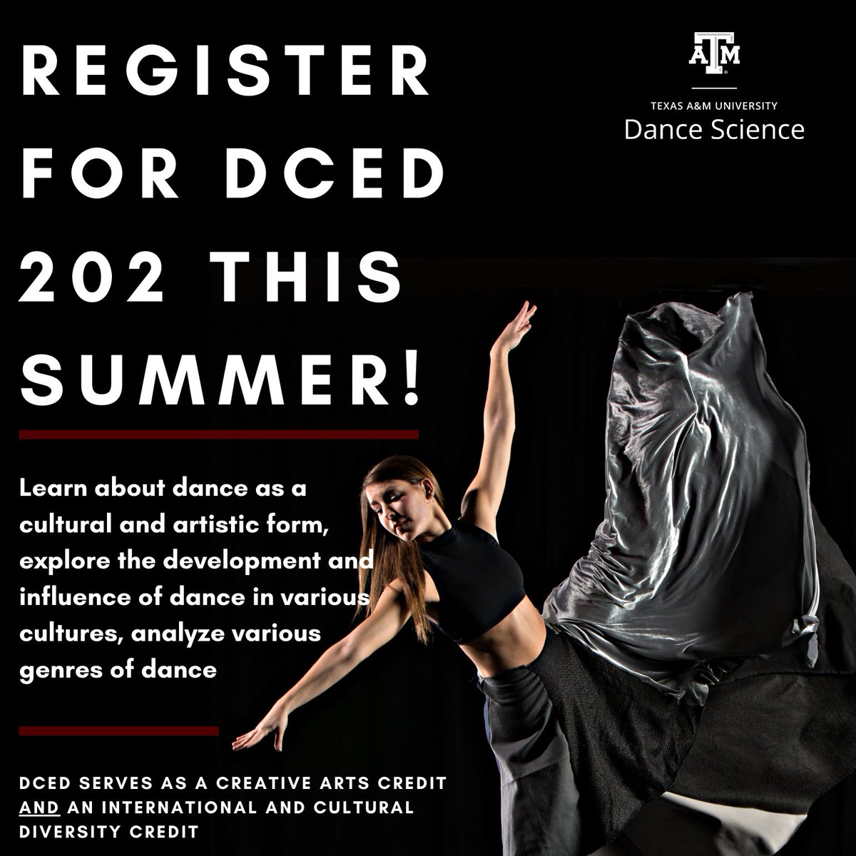 TAMUDance's tweet photo. Still need your Creative Arts Credit? Or your International and Cultural Diversity Credit? Want to get them both at the same time? 

Take DCED 202 this summer!

@cehdtamu @hlkn_tamu https://t.co/j2uFQTkE8l