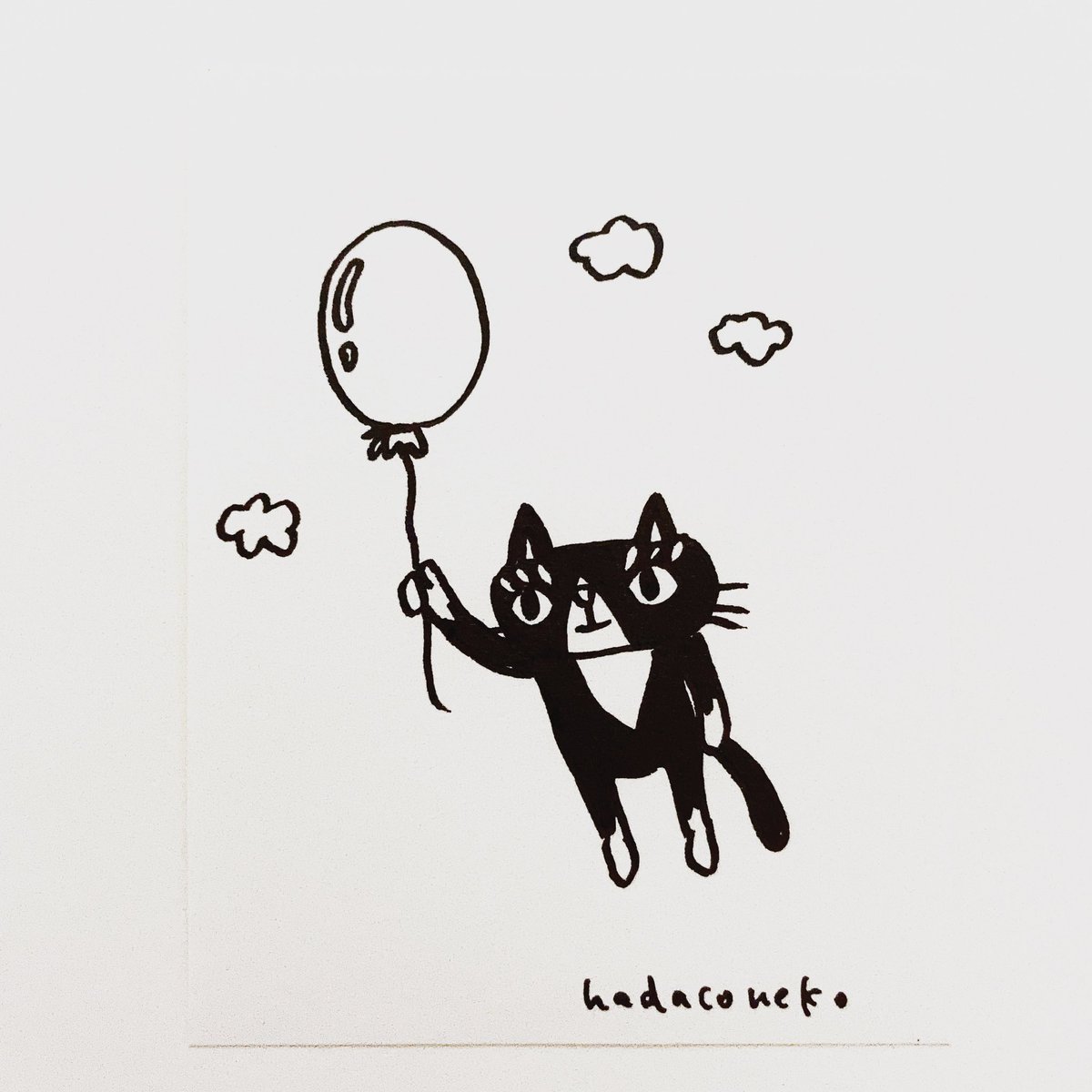 肌子 今日のイラストはコレ ｪ 風船を使って空を飛んでる猫 イラスト 猫 ネコ ねこ オリジナル ペン画 アナログ画 絵 猫の絵 白黒猫 はちわれ ハチワレ猫