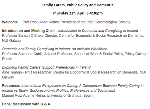 CESRD (@cesrd_nuig) on Twitter photo The role played by family carers is often underestimated in long-term care policy in Ireland. On Thursday from 3:00-4:30pm we will discuss public policy, family carers and dementia <a href="/irishgerontsoc/">Irish Gerontological Society</a> @icsg_nuig.
Register here if you're interested: zoom.us/webinar/regist… The role played by family carers is often underestimated in long-term care policy in Ireland. On Thursday from 3:00-4:30pm we will discuss public policy, family carers and dementia <a href="/irishgerontsoc/">Irish Gerontological Society</a> @icsg_nuig.
Register here if you're interested: zoom.us/webinar/regist…