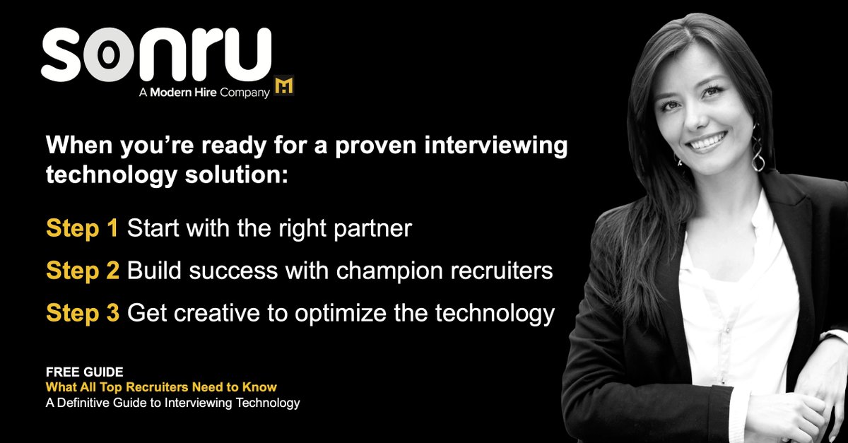 Sonru's tweet image. How can your recruitment team ensure they&apos;re correctly assessing the interviewing technology solutions available to them? This eBook offers a 3-step approach to help you on your way. Download it here: modernhire.com/what-all-top-r… #recruitment #hr #interviewtech #hrtech