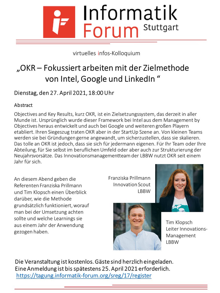 infos_stuttgart's tweet photo. virtuelles infos-Kolloquium "OKR – Fokussiert arbeiten mit der Zielmethode von Intel, Google und LinkedIn"  
am 27. April 2021 um 18:00 Uhr.
Schnell anmelden bis 25. April 2021.
Registrierung unter: https://t.co/Zgo3rdJNIr
Weitere Informationen unter: https://t.co/SOLruo4h4W https://t.co/Sk37tDxp3H