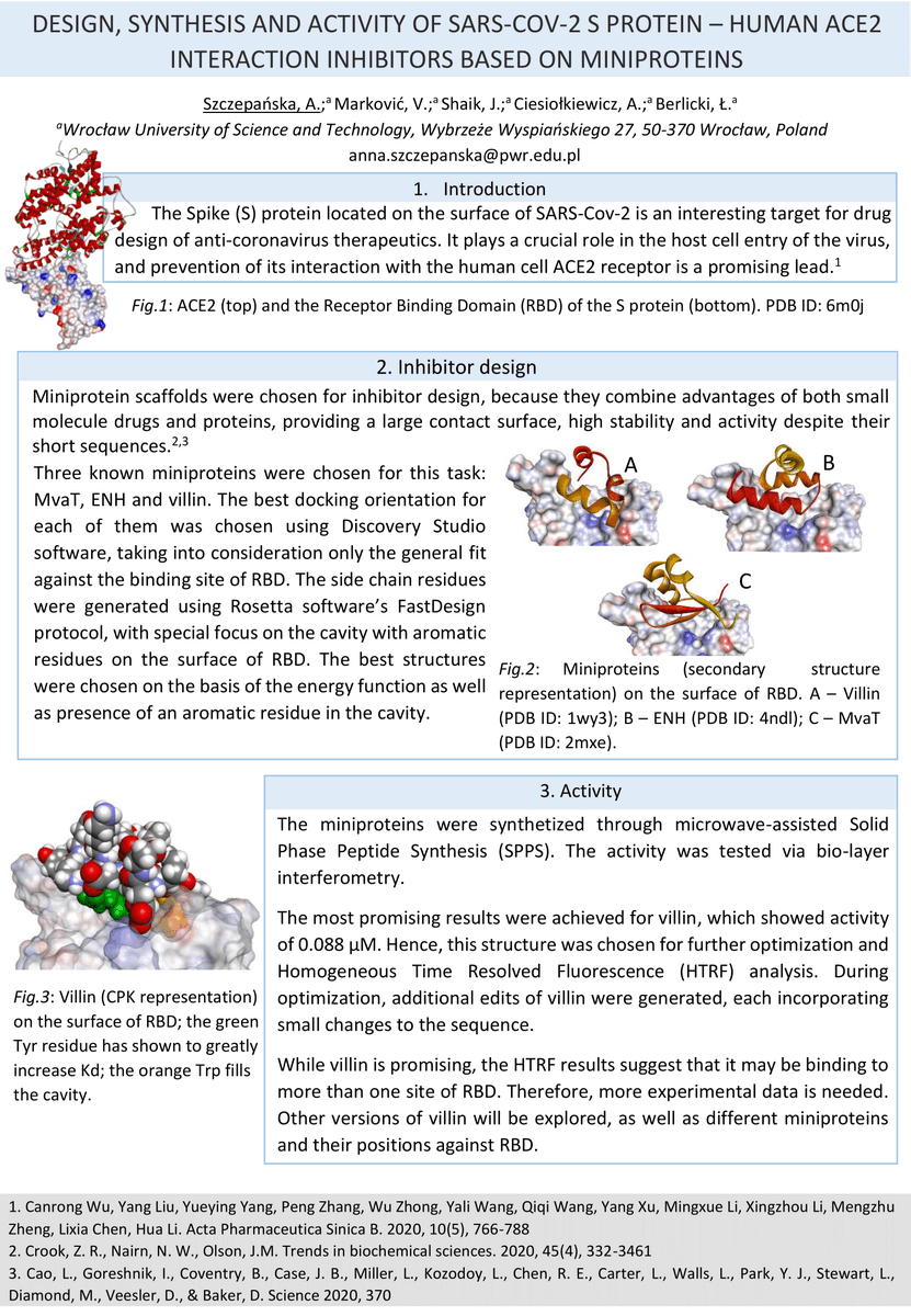 AnnaSzczepansk8's tweet photo. DESIGN, SYNTHESIS AND ACTIVITY OF SARS-COV-2 S PROTEIN β HUMAN ACE2 INTERACTION INHIBITORS BASED ON MINIPROTEINS @DCFSCI #NPCF13 #DCFSCI #ANTIINFECTIVES https://t.co/HyuwSvebBk