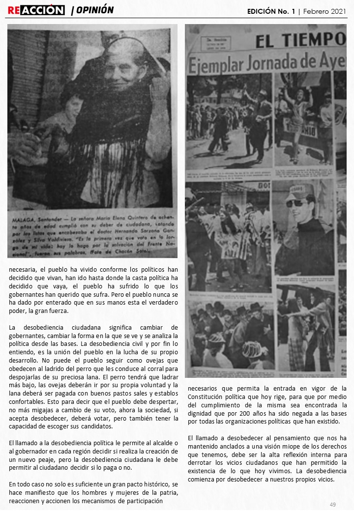 ReaccionRevista's tweet photo. #Edicion1 | "Llamado a la desobediencia"
Por @gener_usuga
"el pueblo ha vivido conforme los políticos han decidido que vivan, han ido hasta donde la casta política ha decidido que vaya, el pueblo ha sufrido lo que los gobernantes han querido que sufra."
https://t.co/aekDjecOwW https://t.co/Bj5ItBzvwT