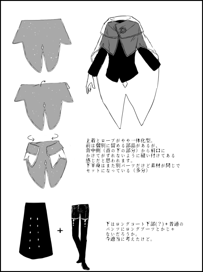 落書するものがないのでそういえばゲルトの服正直どうなってんだ?って落書してみた 元々は戦闘するならアンダーくらいは多少動きやすそうな服がいいよなと思ってああしたんだけど、あまり深く考えてなかったものだからどの部分とどの部分が一つの衣類なのか自分でもずっと謎だった 検討した今でも謎 